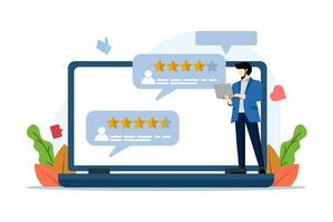 app rating concept, Person Character Giving Five Star Feedback. customer reviews. Starred reviews with good and bad rates and text. technology, customer satisfaction, reviews, ui and ux, social media. vector