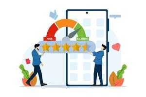 app rating concept, Person Character Giving Five Star Feedback. customer reviews. Starred reviews with good and bad rates and text. technology, customer satisfaction, reviews, ui and ux, social media. vector