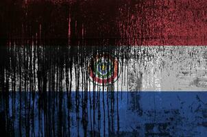 Paraguay flag depicted in paint colors on old and dirty oil barrel wall closeup. Textured banner on rough background photo