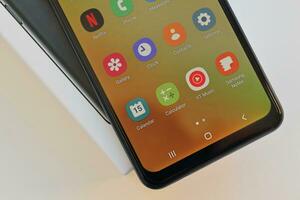 KYIV, UKRAINE - 4 MAY, 2023 Samsung Galaxy A04 Android smartphone has 6.5-inch PLS LCD panel with Infinity-V design photo