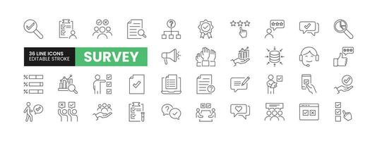 Set of 36 Survey and Feedback line icons set. Survey outline icons with editable stroke collection. Includes Online Survey, Feedback, Data Collection, Quality, Satisfaction, and More. vector