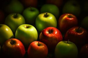 un montón de verde y rojo manzanas antecedentes. neural red ai generado foto