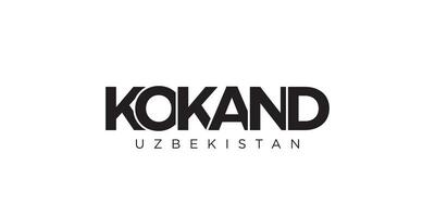 Kokand in the Uzbekistan emblem. The design features a geometric style, vector illustration with bold typography in a modern font. The graphic slogan lettering.