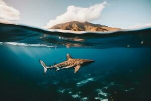 genial blanco tiburón posando en el profundo azul agua. neural red ai generado foto