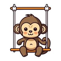 Cute monkey on swing isolated on white background. Vector illustration.