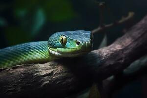 Green tropical snake. Neural network AI generated photo