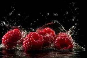 Raspberries and water splash on dark background. Neural network AI generated photo
