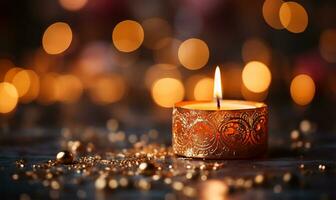 Diwali candle with a bokeh effect emanating from its golden flame, embodying the spirit of the Festival of Lights celebration. AI Generated photo