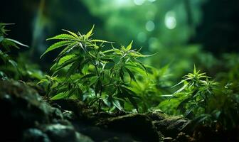 a robust cannabis plant thrives, its vibrant green leaves reaching for the light. AI Generated photo