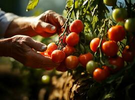 hand delicately picking a luscious, ripe tomato directly from its green bush. AI Generated photo