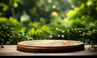 de madera mesa parte superior soportes en agudo enfocar, sus Rico grano y textura en lleno mostrar. ai generado foto