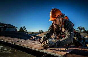 a construction worker is captured in action on a roof. AI Generated photo