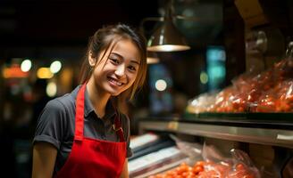 a youthful and radiant saleswoman stands prominently, her warm smile welcoming customers. AI Generated photo