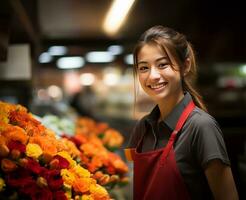 a youthful and radiant saleswoman stands prominently, her warm smile welcoming customers. AI Generated photo