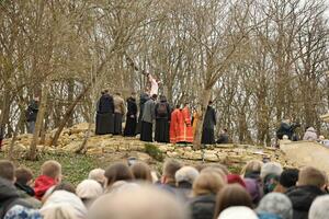 TERNOPIL, UKRAINE - APRIL 2, 2023 Many people during mission in complex of Ukrainian Jerusalem in the Mari spiritual center of Zarvanytsia In the Terebovlya district of the Ternopil photo