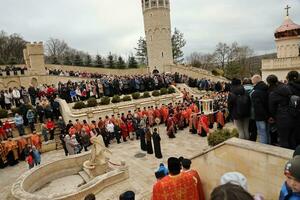 TERNOPIL, UKRAINE - APRIL 2, 2023 Many people during mission in complex of Ukrainian Jerusalem in the Mari spiritual center of Zarvanytsia In the Terebovlya district of the Ternopil photo