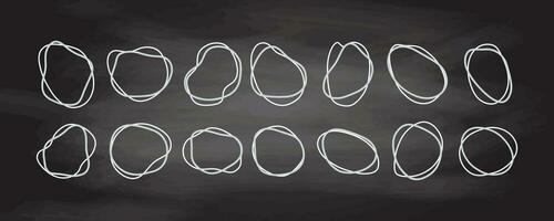 Hand-drawn outline round abstract organic blots of irregular shape on chalkboard background. Liquid shapes for decorations. Vector illustration.