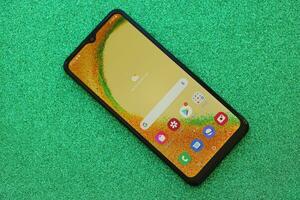 KYIV, UKRAINE - 4 MAY, 2023 Samsung Galaxy A04 Android smartphone has 6.5-inch PLS LCD panel with Infinity-V design photo