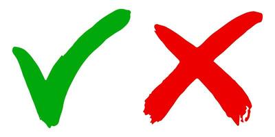 Hand drawn of Green check mark and Red cross isolated. Right and wrong icon. Vector illustration.