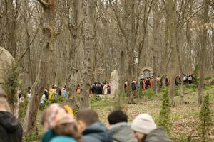 TERNOPIL, UKRAINE - APRIL 2, 2023 Many people during mission in complex of Ukrainian Jerusalem in the Mari spiritual center of Zarvanytsia In the Terebovlya district of the Ternopil photo