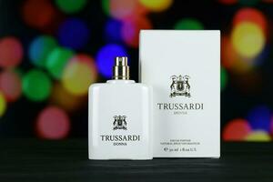 KHARKIV, UKRAINE - JANUARY 2, 2021 Perfume bottle of Donna by Trussardi, an Italian luxury fashion house based in Milan photo