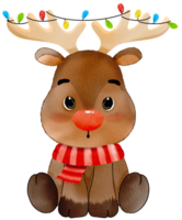 Merry Christmas with watercolor moose or reindeer with lights on antlers decorated for merry holiday png