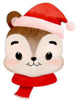 Watercolor with squirrel head wearing Santa hat and scarf png