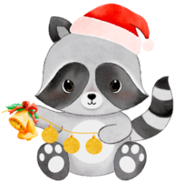 Merry Christmas with watercolor cute raccoon wearing Santa hat png