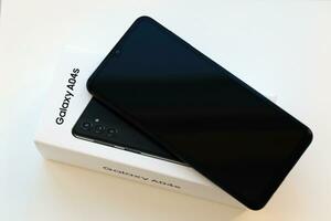 KYIV, UKRAINE - 4 MAY, 2023 Samsung Galaxy A04 Android smartphone has 6.5-inch PLS LCD panel with Infinity-V design photo