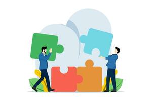 Business team cooperation concept. teamwork puzzle, people connect puzzle elements. partnership, connection, collaboration, brainstorming, partner, collaborate, match, flat vector illustration.