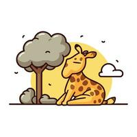 Cute giraffe sitting on the ground and looking at the sky. Vector illustration.