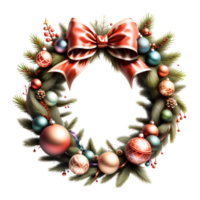 Christmas Wreath with Ribbons Balls and Bow Isolated. AI Generative png