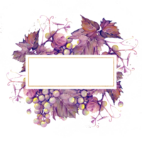 Rectangular gold frame with bunches of purple grapes drawn in watercolor, with space for text. png