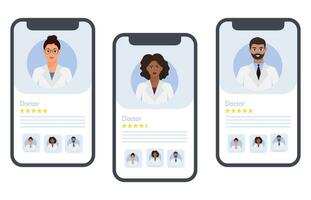 Mobile medical app with different doctors on the smartphone screen. Online consultation with a medical personnel banner concept vector