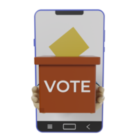 3d render icon of smartphone, voting box and hand holding ballot paper. concept illustration of online voting via mobile phone png