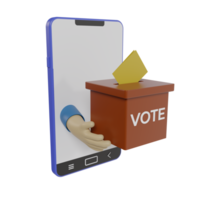 3d render icon of smartphone, voting box and hand holding ballot paper. concept illustration of online voting via mobile phone png