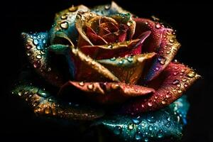 Rainbow rose with dew drops. Neural network AI generated photo