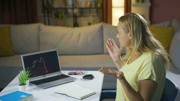 The woman looking at the cryptocurrency chart is unhappy. loss in the stock market. video