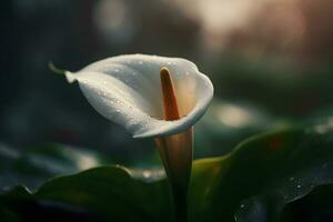 Calla lily flowers in botanical garden. Neural network AI generated photo