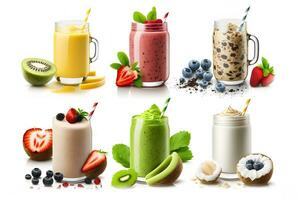 Collection of colorful delicious fruit smoothies isolated on white background. Neural network AI generated photo