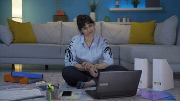 Home office worker woman feels physical good. video