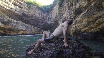 Young tourist man enjoying the sea. video