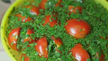 sottaceto pomodori siamo inzuppato nel speciale salsa ricco nel erbe aromatiche. video