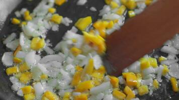 Frying onions and carrots in a pan and stirring with a wooden spatula. video