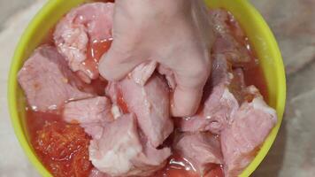 marineren gehakt stukken van varkensvlees in tomaat sap. video