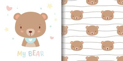 Greeting card with cute bear and children's pattern companion. Seamless pattern included in swatch panel. vector