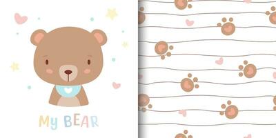 Greeting card with cute bear and children's pattern companion. Seamless pattern included in swatch panel. vector