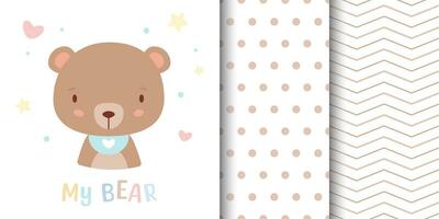 Greeting card with cute bear and children's pattern companion. Seamless pattern included in swatch panel. vector
