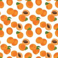 Apricot seamless pattern. Vector. Fruits whole and cut into pieces on a white background. Summer tropical endless background for label, fabric, packaging. vector