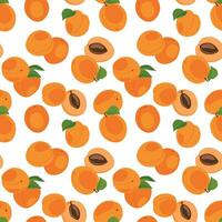 Apricot seamless pattern. Vector. Fruits whole and cut into pieces on a white background. Summer tropical endless background for label, fabric, packaging. vector